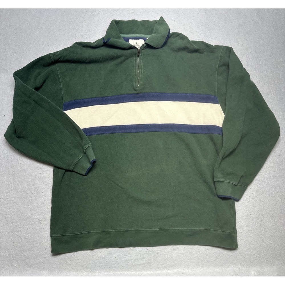 Vintage Johnny Morris Outdoors Quarter Zip Sweatshirt Men XL Green Rugby Stripe